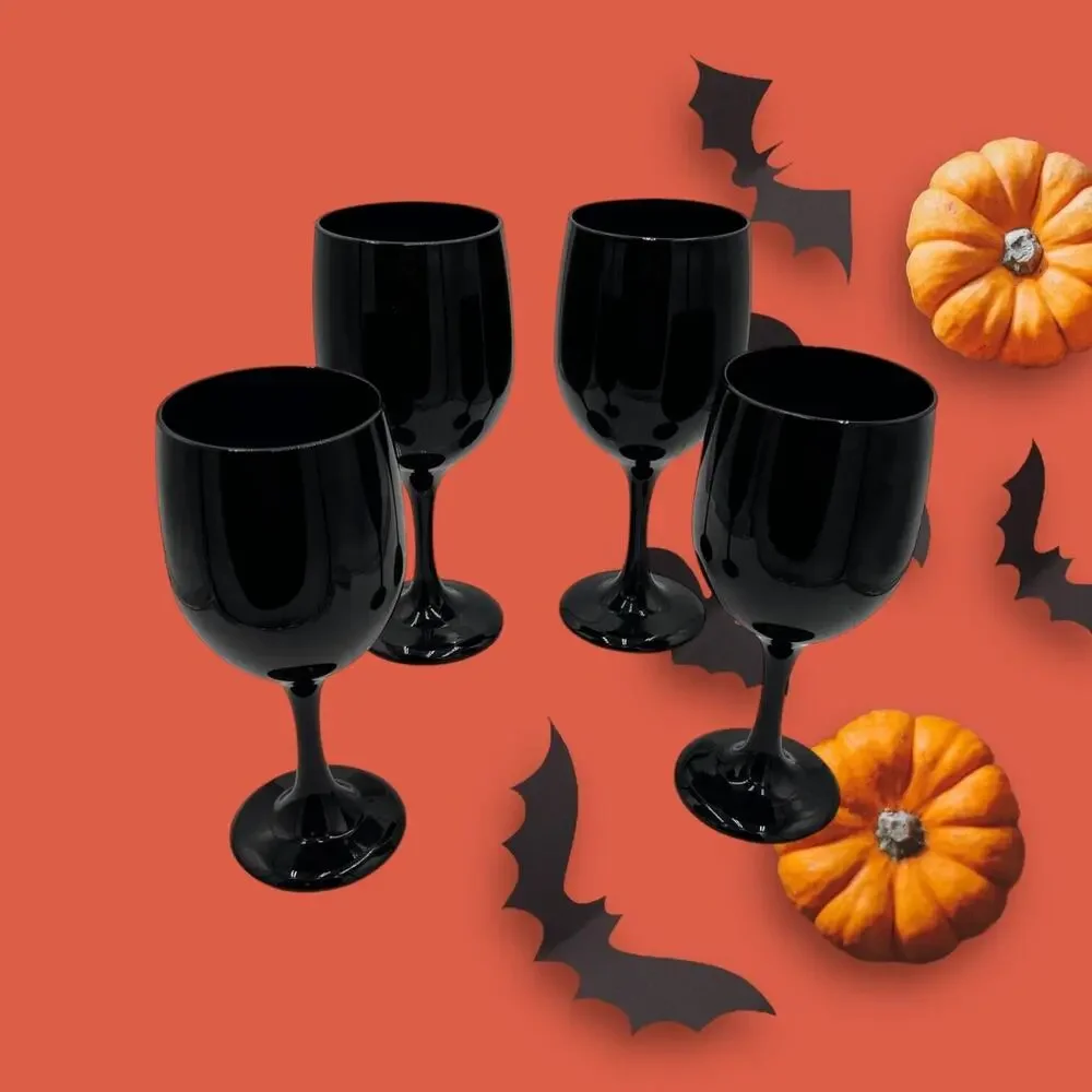 4 Libbey Premiere Black Wine Glasses Set Vintage Elegant Stemware Halloween‎ EUC